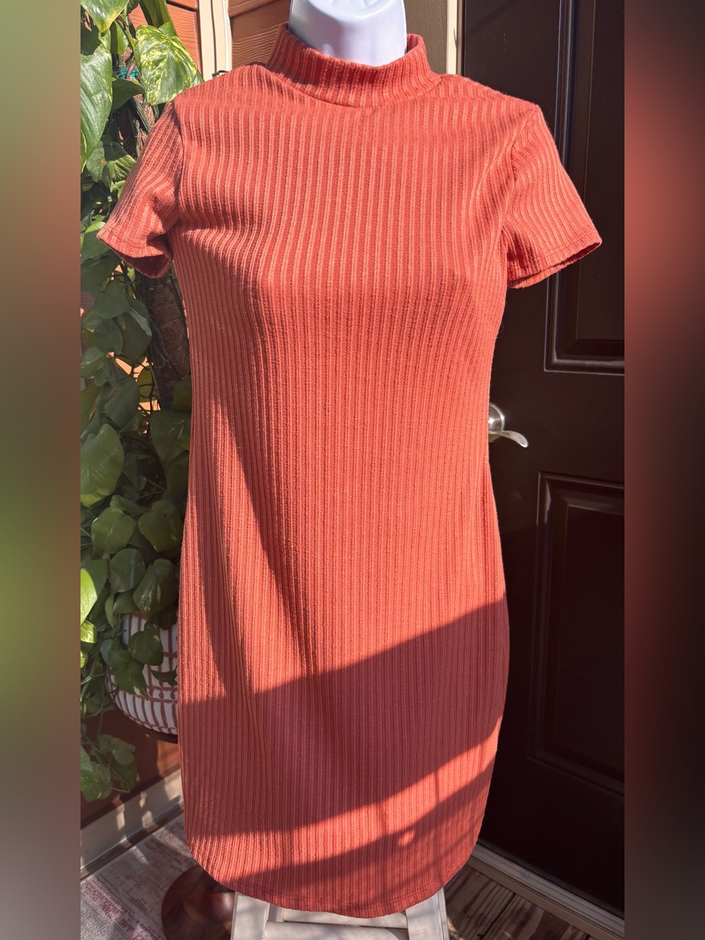 Moa Moa Ribbed Short-Sleeve Mini Dress in Terracotta